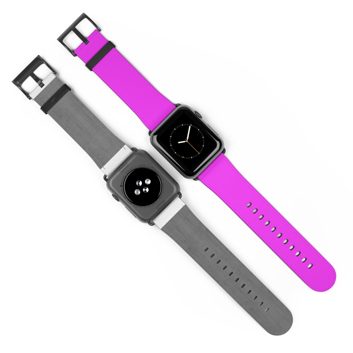 Neon Magenta Apple Watch Band on display with gray band